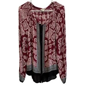 Lucky Brand Women L Burgundy Boho Paisley Chiffon Long Sleeve Blouse Casual